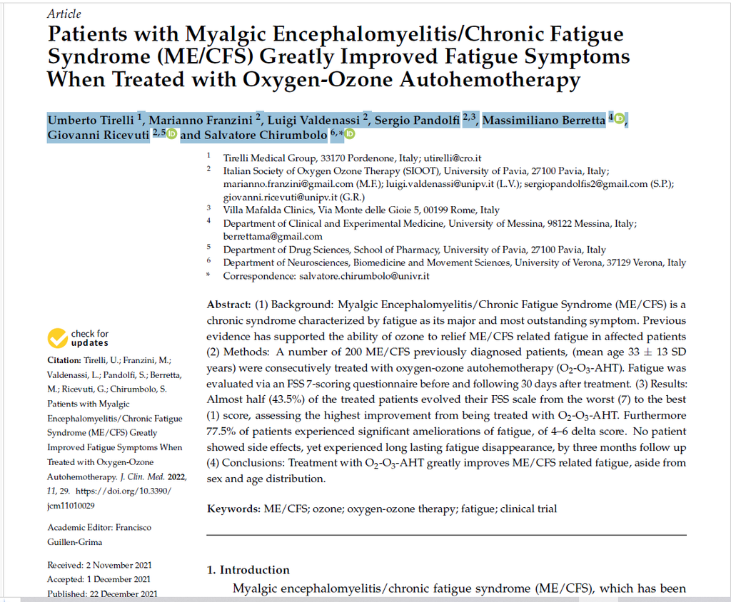 Ozone Therapy Relieves Symptoms of Chronic Fatigue and Myalgic Encephalomyelitis