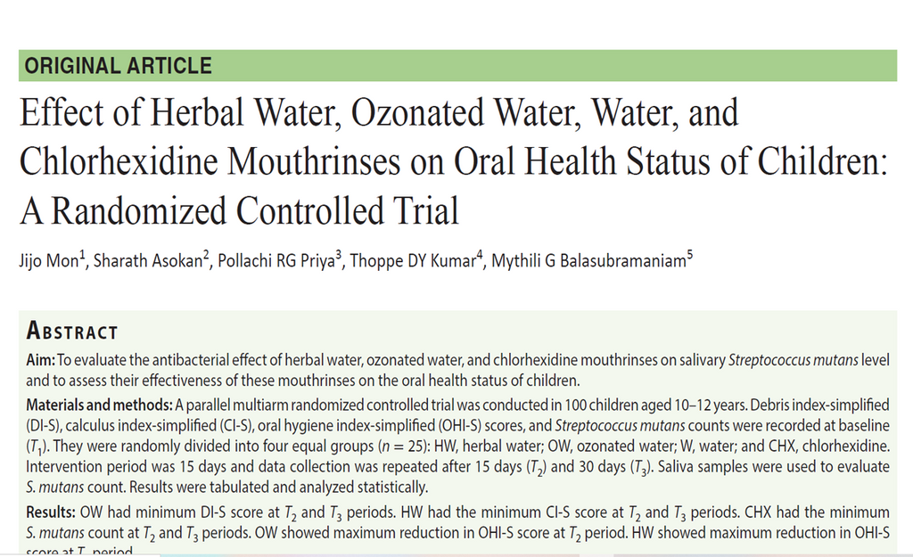 Effect of Herbal Water, Ozonated Water, Water, and Chlorhexidine Mouthrinses on Oral Health Status of Children: