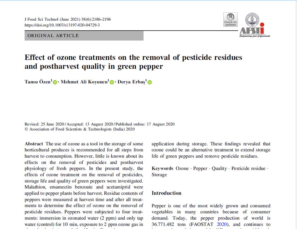 effect of ozone on removal of pesticides and postharvest quality in green peppers