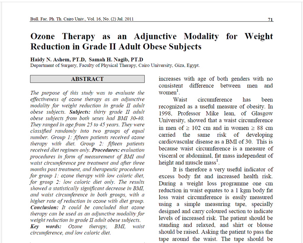 Ozone Therapy as an Adjunctive Modality for Weight Reduction or Loss in Obese Subjects