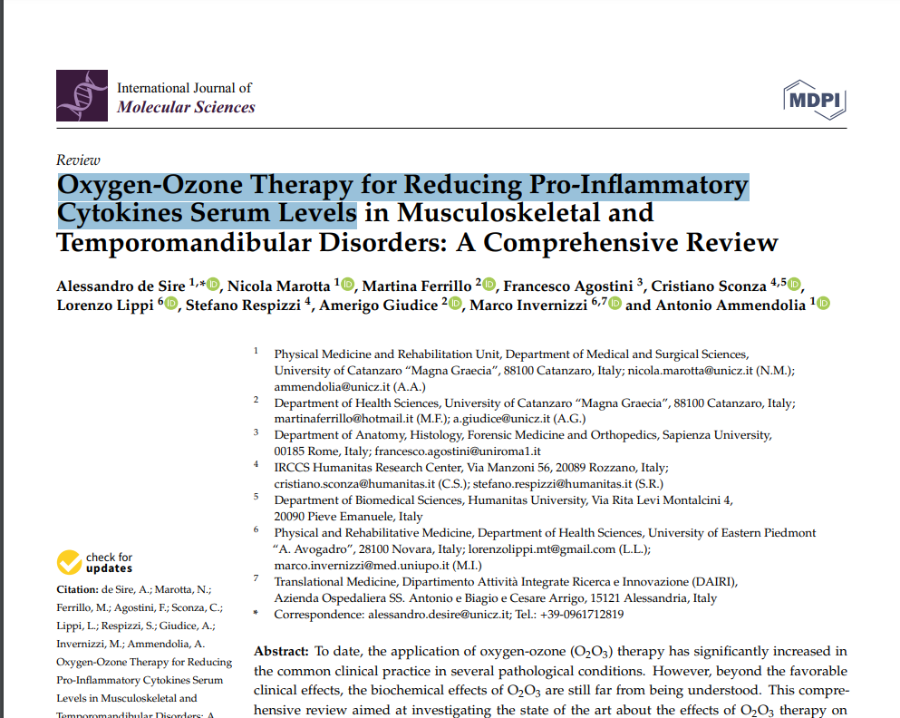 Ozone Therapy Reduces Pro-Inflammatory Cytokines Serum Levels in Musculoskeletal and Temporomandibular Disorders